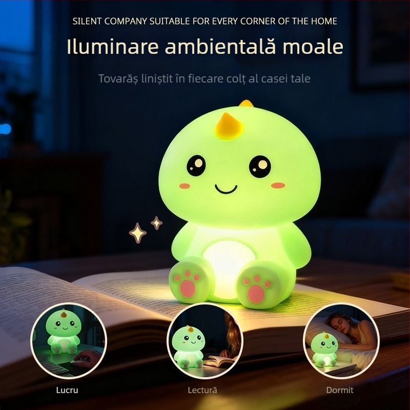 Lampa de noapte pentru copii, design hexagonal cu animale (dinozaur și albina), abajur din silicon, alimentare Type-C, stil desen animat, durată de viață peste 100000 h