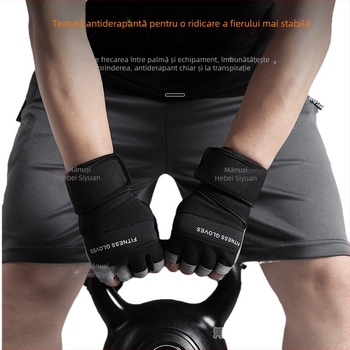 Mănuși de fitness pentru ridicare cu protecție a încheieturii, design de deget jumătate, silicon antialunecare, microfibră + silicon
