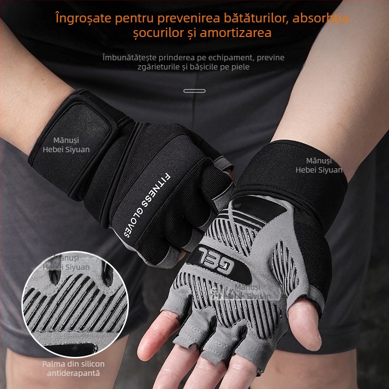 Mănuși de fitness pentru ridicare cu protecție a încheieturii, design de deget jumătate, silicon antialunecare, microfibră + silicon