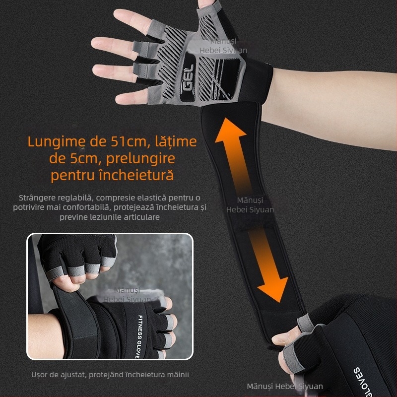 Mănuși de fitness pentru ridicare cu protecție a încheieturii, design de deget jumătate, silicon antialunecare, microfibră + silicon