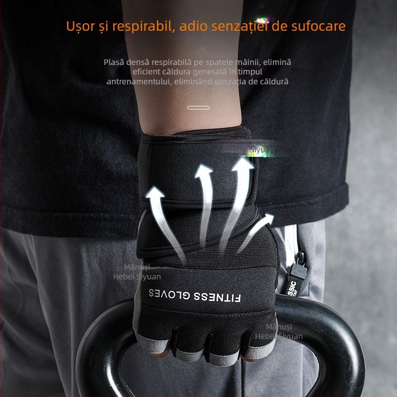 Mănuși de fitness pentru ridicare cu protecție a încheieturii, design de deget jumătate, silicon antialunecare, microfibră + silicon