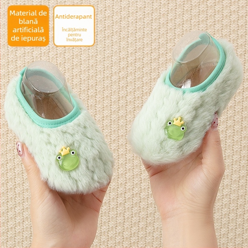 Șosete de podea pentru copii, talpă moale, utilizare în interior, model desen animat, poliester, înălțime a tubului scurtă, grosime mare, iarnă