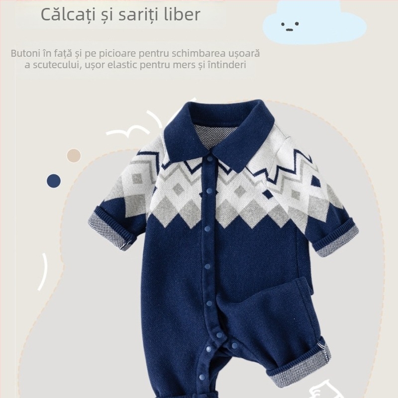 Salopetă bebeluș tricot britanic - 100% bumbac, tricot gros, mâneci lungi, unisex pentru nou-născuți, închidere cu nasturi pe un singur rând