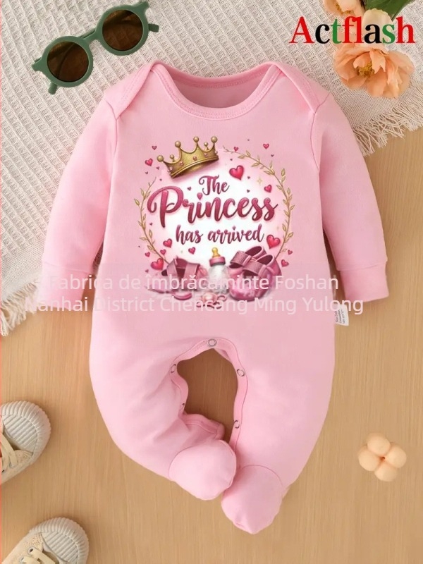 Rompers pentru nou-născuți cu inimă și coroană, țesătură tricot poliester 95%, mâneci lungi, închidere frontală cu nasturi, potrivit primăvară-toamnă, pentru vârsta 0–1 ani