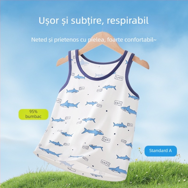 Tricou fără mâneci din bumbac pentru băieți, stil casual, guler rotund, 95% bumbac, vârsta 3–8 ani (100–140 cm)