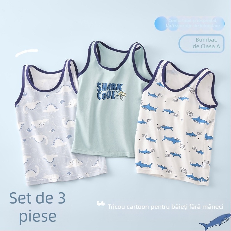 Tricou fără mâneci din bumbac pentru băieți, stil casual, guler rotund, 95% bumbac, vârsta 3–8 ani (100–140 cm)