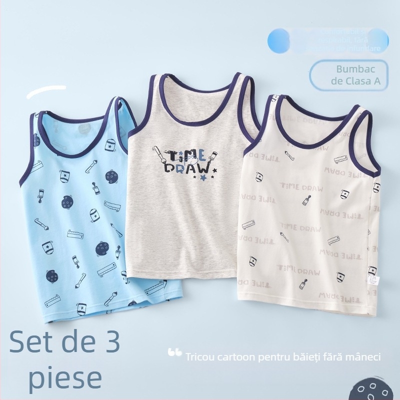 Tricou fără mâneci din bumbac pentru băieți, stil casual, guler rotund, 95% bumbac, vârsta 3–8 ani (100–140 cm)