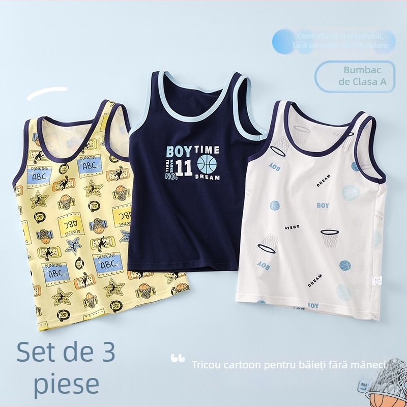 Tricou fără mâneci din bumbac pentru băieți, stil casual, guler rotund, 95% bumbac, vârsta 3–8 ani (100–140 cm)
