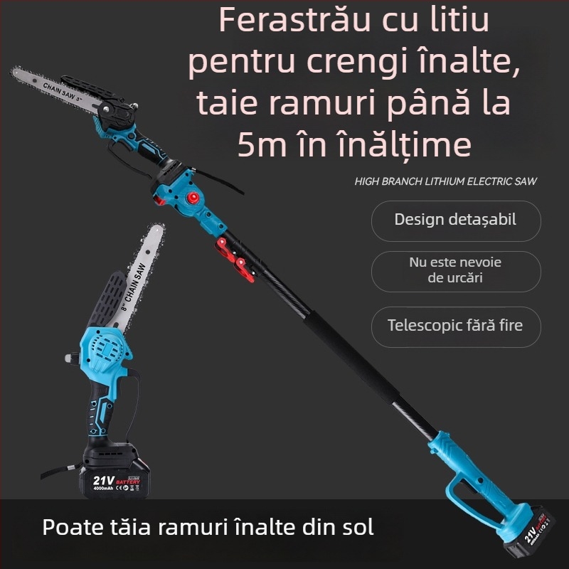 Ferăstrău electric de tăiat crengi cu tijă extensibilă și braț pentru crengi înalte, alimentare la priză 21V, lanț din fier