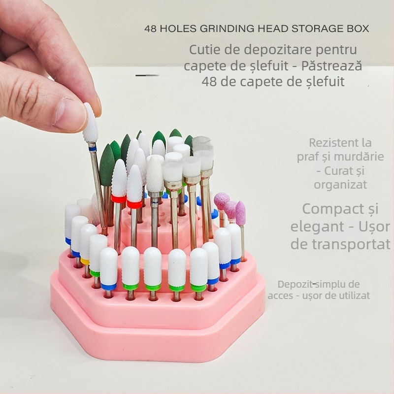 Cutie hexagonală de depozitare și afișare pentru capetele de pilire ale unghiilor, 48 găuri