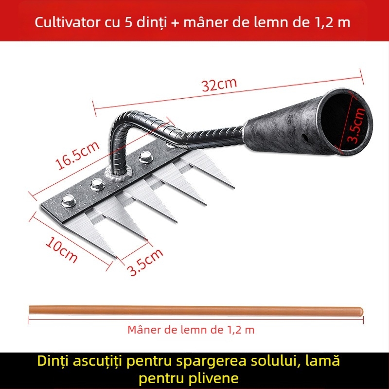 Greblă din oțel mangan – unealtă de grădină multifuncțională pentru îndepărtarea buruienilor și plantarea legumelor, design cu cinci dinți, afânarea solului