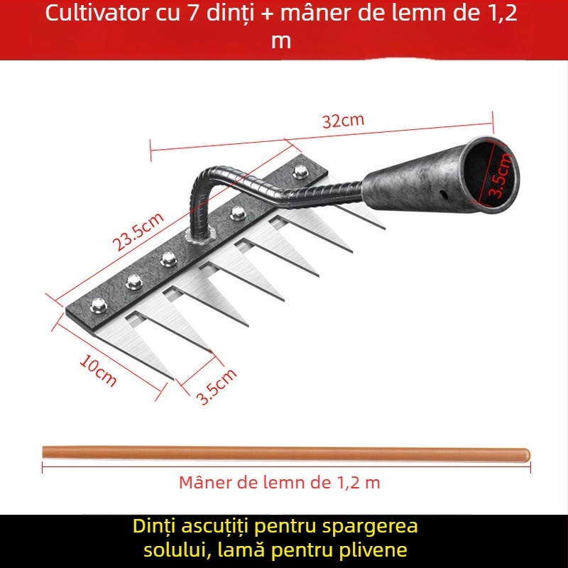 Greblă din oțel mangan – unealtă de grădină multifuncțională pentru îndepărtarea buruienilor și plantarea legumelor, design cu cinci dinți, afânarea solului