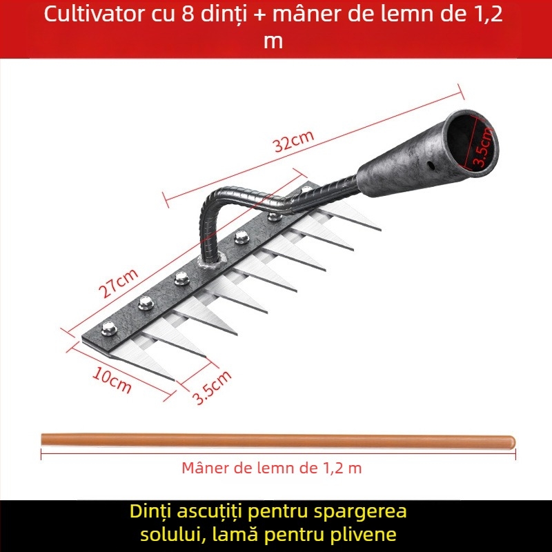 Greblă din oțel mangan – unealtă de grădină multifuncțională pentru îndepărtarea buruienilor și plantarea legumelor, design cu cinci dinți, afânarea solului