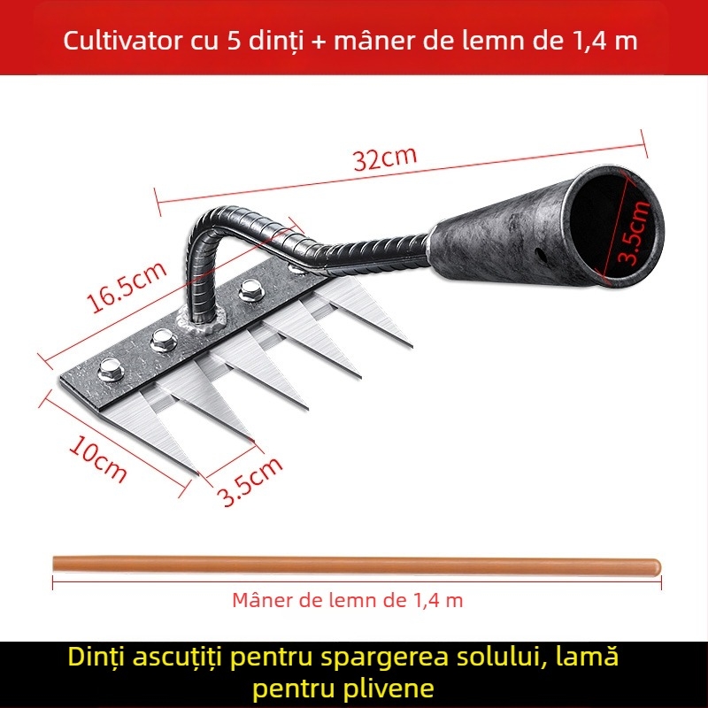 Greblă din oțel mangan – unealtă de grădină multifuncțională pentru îndepărtarea buruienilor și plantarea legumelor, design cu cinci dinți, afânarea solului