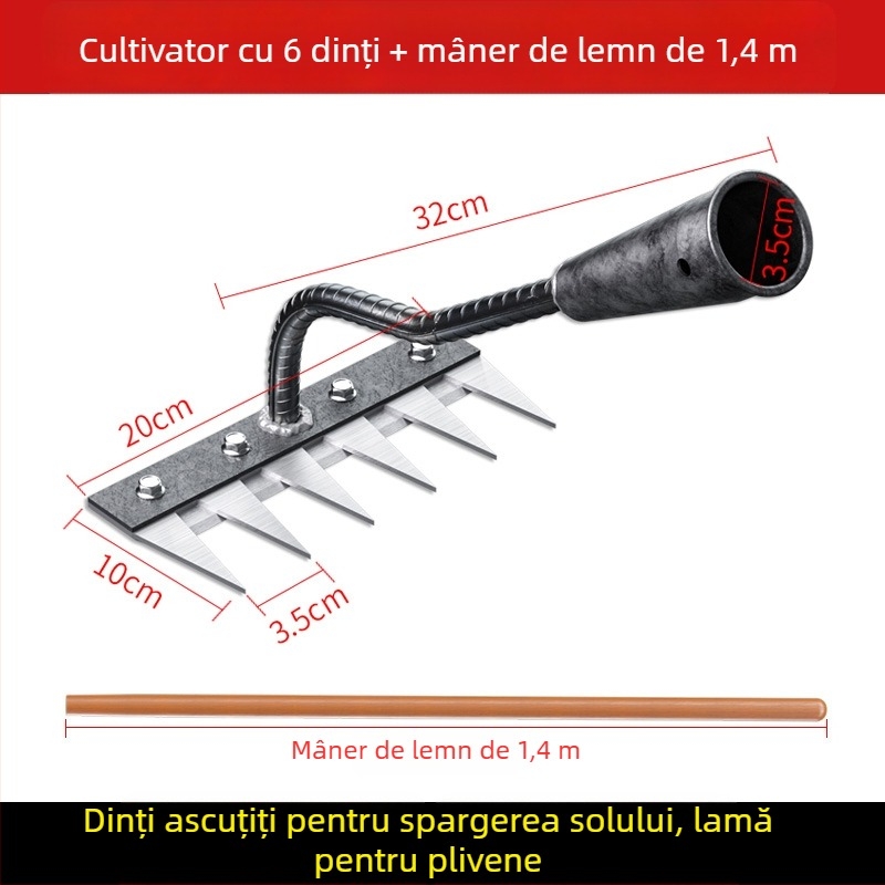 Greblă din oțel mangan – unealtă de grădină multifuncțională pentru îndepărtarea buruienilor și plantarea legumelor, design cu cinci dinți, afânarea solului