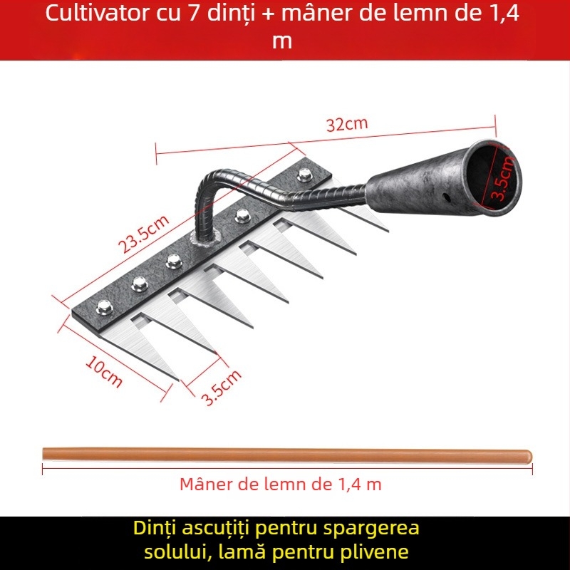 Greblă din oțel mangan – unealtă de grădină multifuncțională pentru îndepărtarea buruienilor și plantarea legumelor, design cu cinci dinți, afânarea solului