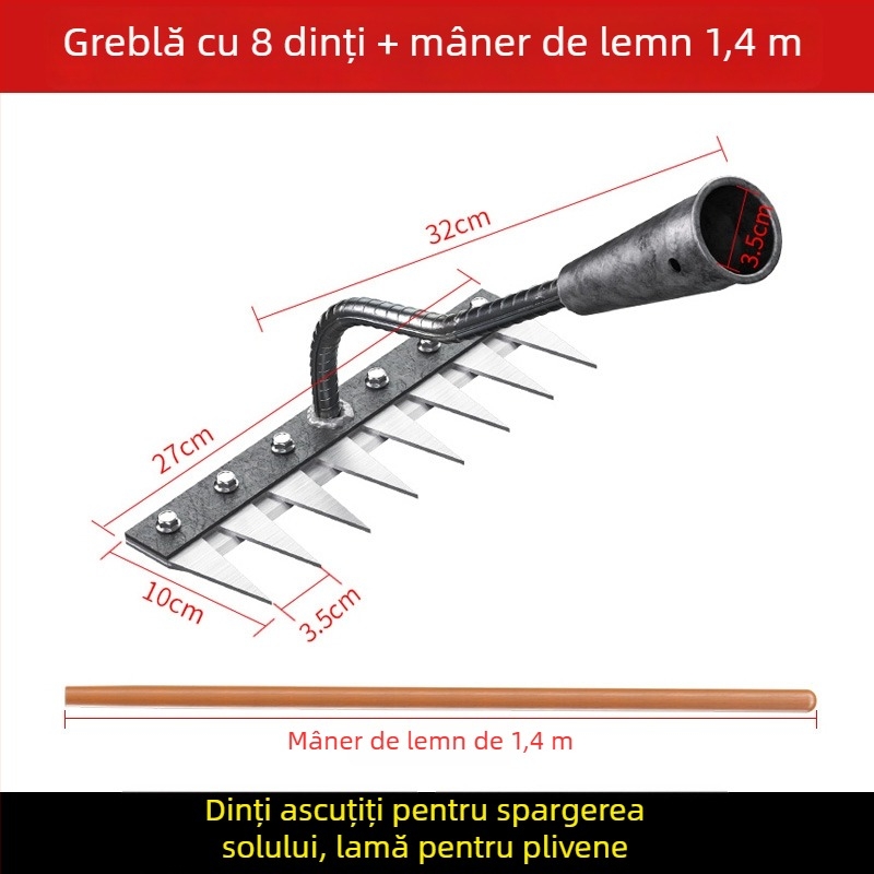 Greblă din oțel mangan – unealtă de grădină multifuncțională pentru îndepărtarea buruienilor și plantarea legumelor, design cu cinci dinți, afânarea solului