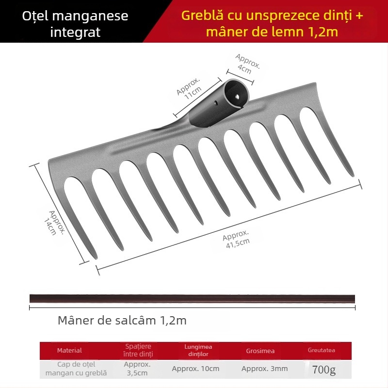 Greblă din oțel mangan – unealtă de grădină multifuncțională pentru îndepărtarea buruienilor și plantarea legumelor, design cu cinci dinți, afânarea solului