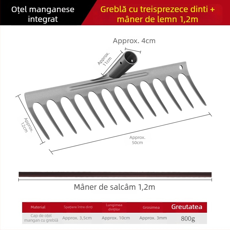 Greblă din oțel mangan – unealtă de grădină multifuncțională pentru îndepărtarea buruienilor și plantarea legumelor, design cu cinci dinți, afânarea solului