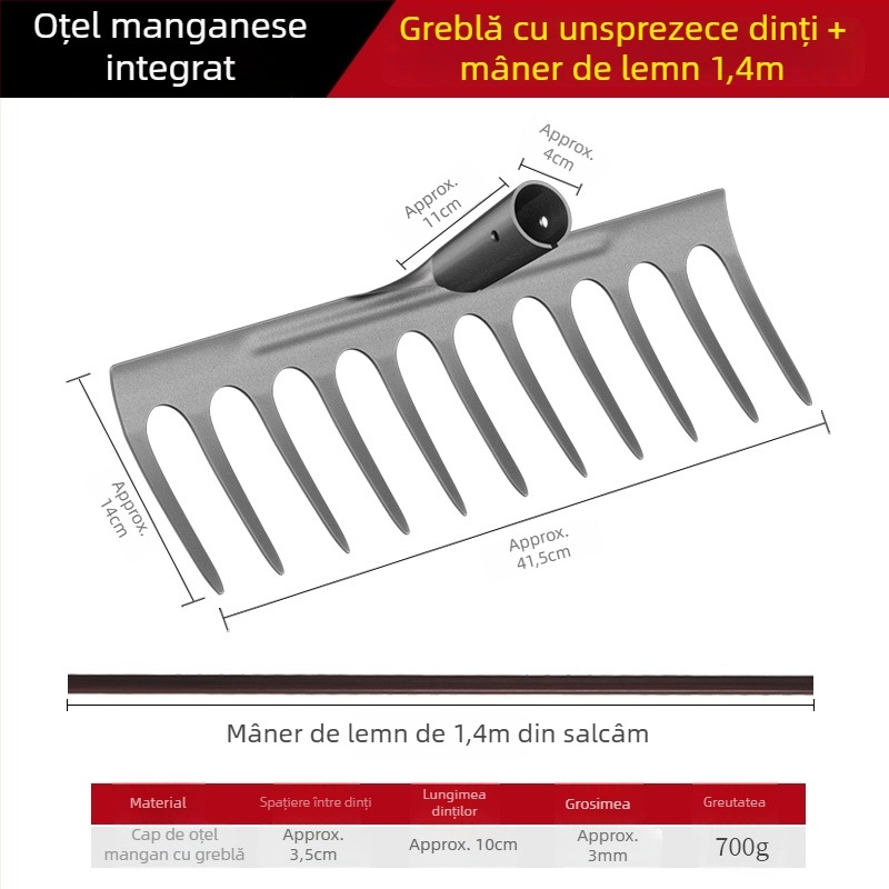 Greblă din oțel mangan – unealtă de grădină multifuncțională pentru îndepărtarea buruienilor și plantarea legumelor, design cu cinci dinți, afânarea solului