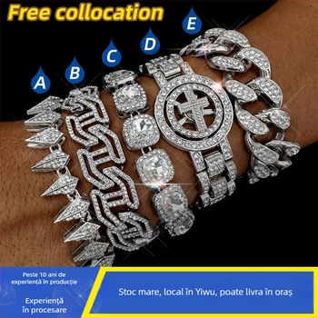 Set brățară cu lanț Cuban din aliaj de zinc, plin cu diamante, design I ascuțit, bijuterii hip-hop unisex