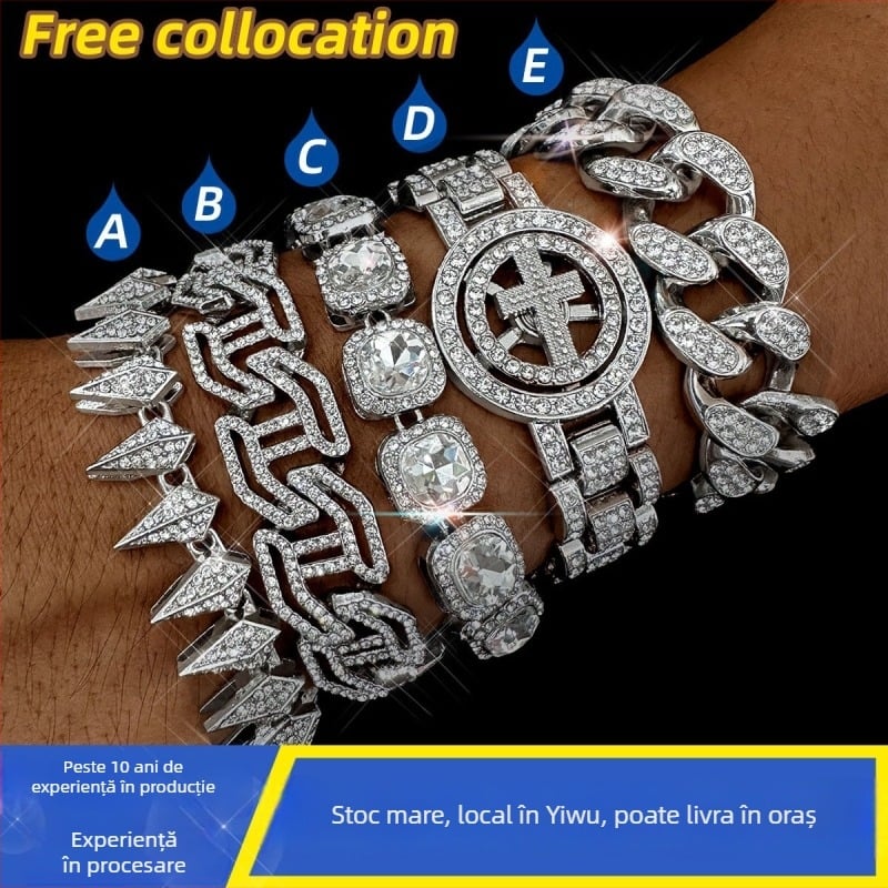 Set brățară cu lanț Cuban din aliaj de zinc, plin cu diamante, design I ascuțit, bijuterii hip-hop unisex