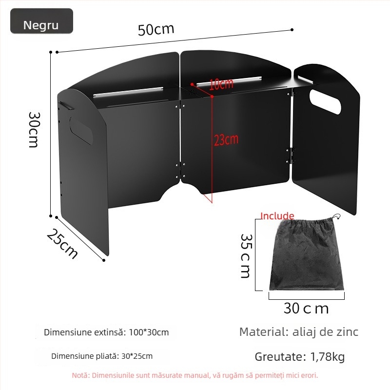 Protecție vânt exterior pentru sobă - paravan pliabil de tip card, aliaj zinc-fier, portabil și rezistent la vânt