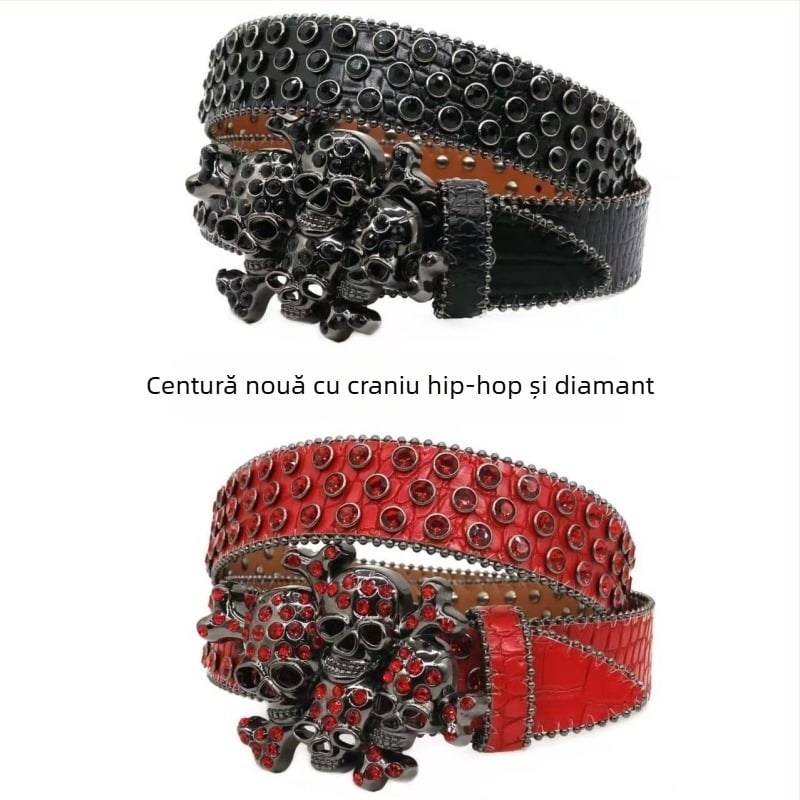 Curea PU cu cataramă din aliaj în formă de plăci, în stil punk/stradal/hip-hop; prelucrare: găurire, electroplatare și detalii cu diamant