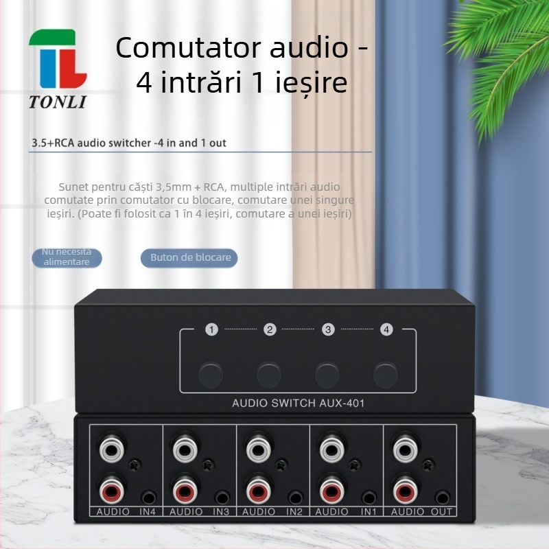 Tonli AUX-401 comutator audio 4 în 1, ieșire stereo 3,5 mm, fidelitate înaltă