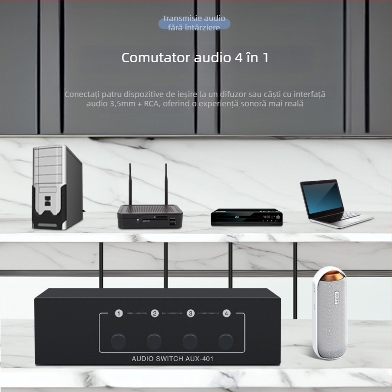 Tonli AUX-401 comutator audio 4 în 1, ieșire stereo 3,5 mm, fidelitate înaltă
