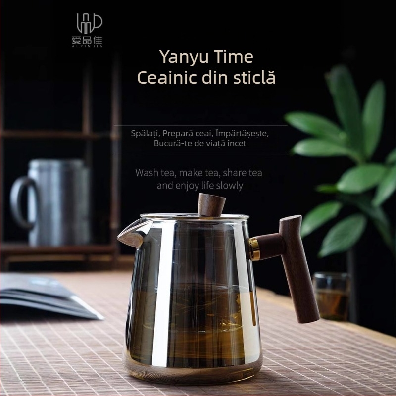 Set ceainic din sticlă borosilicată, rezistent la temperaturi, pentru 3–5 persoane, include accesorii pentru ceremonia ceaiului și tavă pentru servire ceai