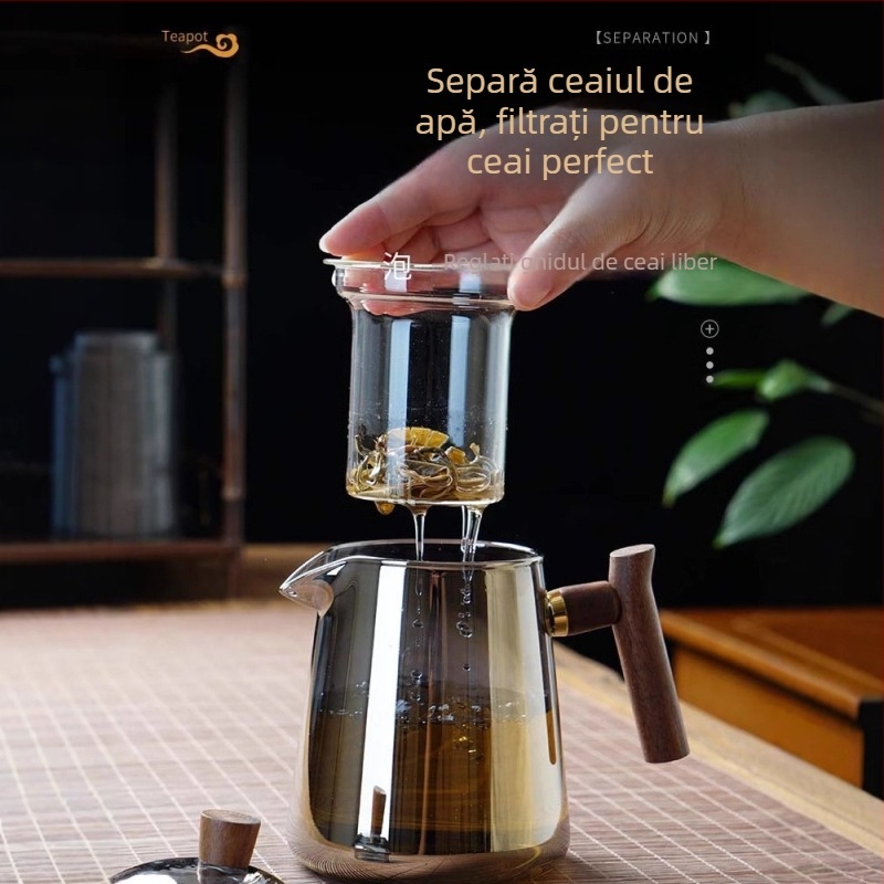 Set ceainic din sticlă borosilicată, rezistent la temperaturi, pentru 3–5 persoane, include accesorii pentru ceremonia ceaiului și tavă pentru servire ceai