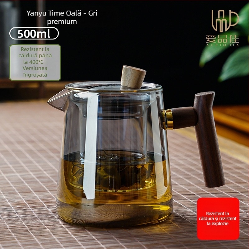 Set ceainic din sticlă borosilicată, rezistent la temperaturi, pentru 3–5 persoane, include accesorii pentru ceremonia ceaiului și tavă pentru servire ceai