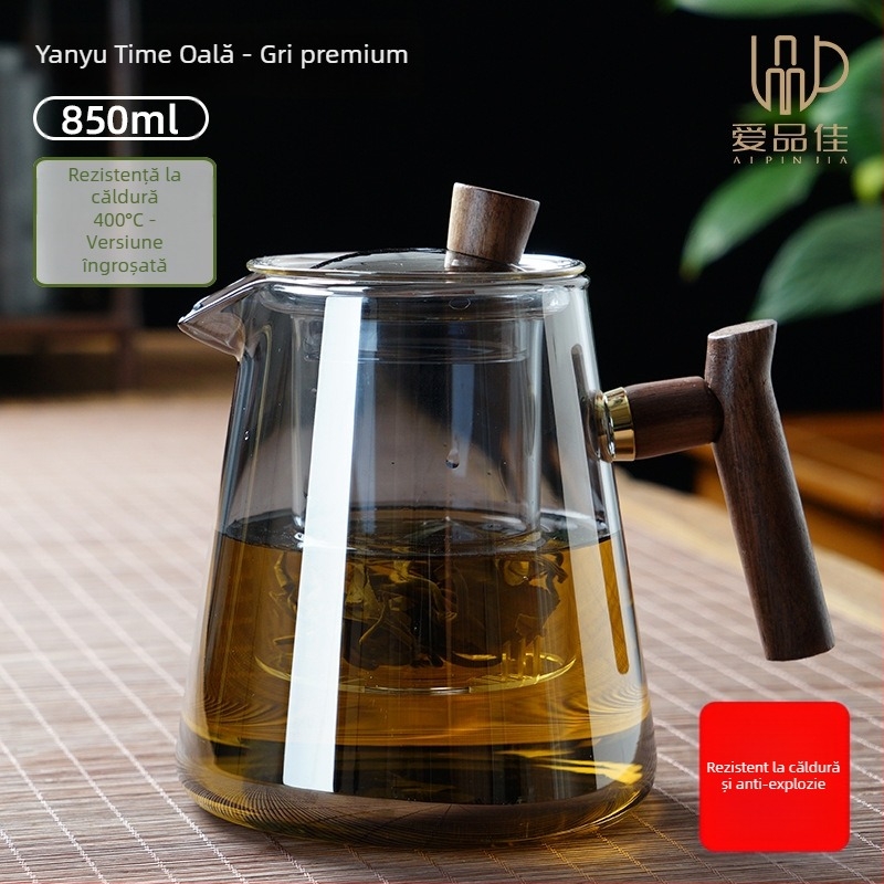 Set ceainic din sticlă borosilicată, rezistent la temperaturi, pentru 3–5 persoane, include accesorii pentru ceremonia ceaiului și tavă pentru servire ceai