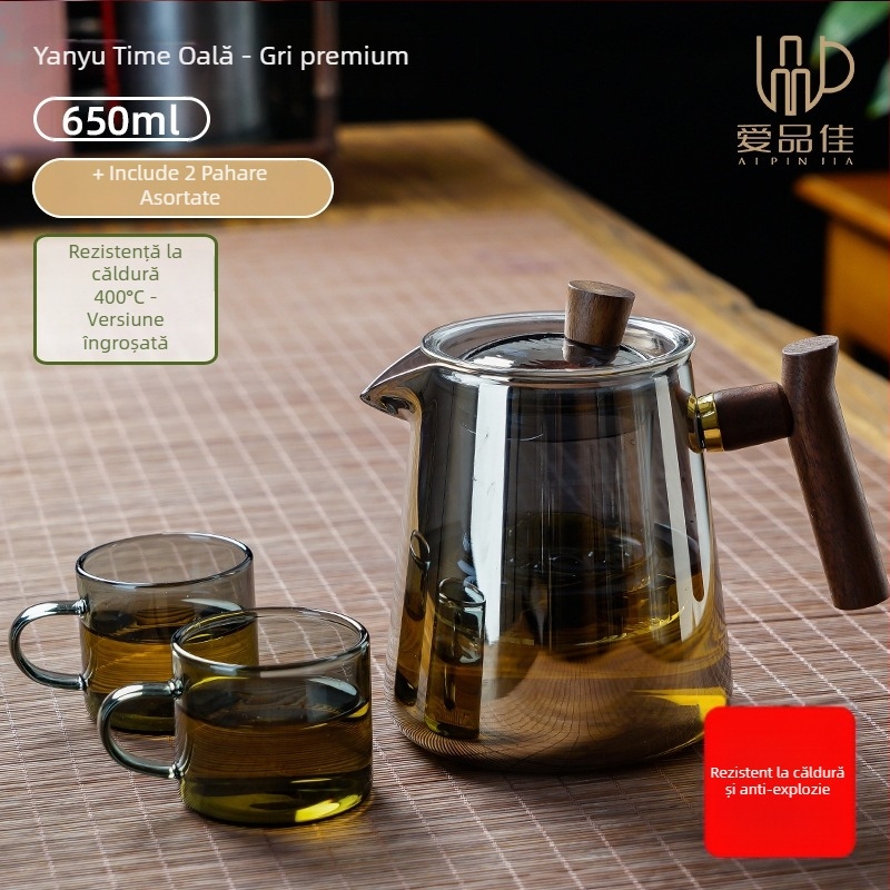 Set ceainic din sticlă borosilicată, rezistent la temperaturi, pentru 3–5 persoane, include accesorii pentru ceremonia ceaiului și tavă pentru servire ceai
