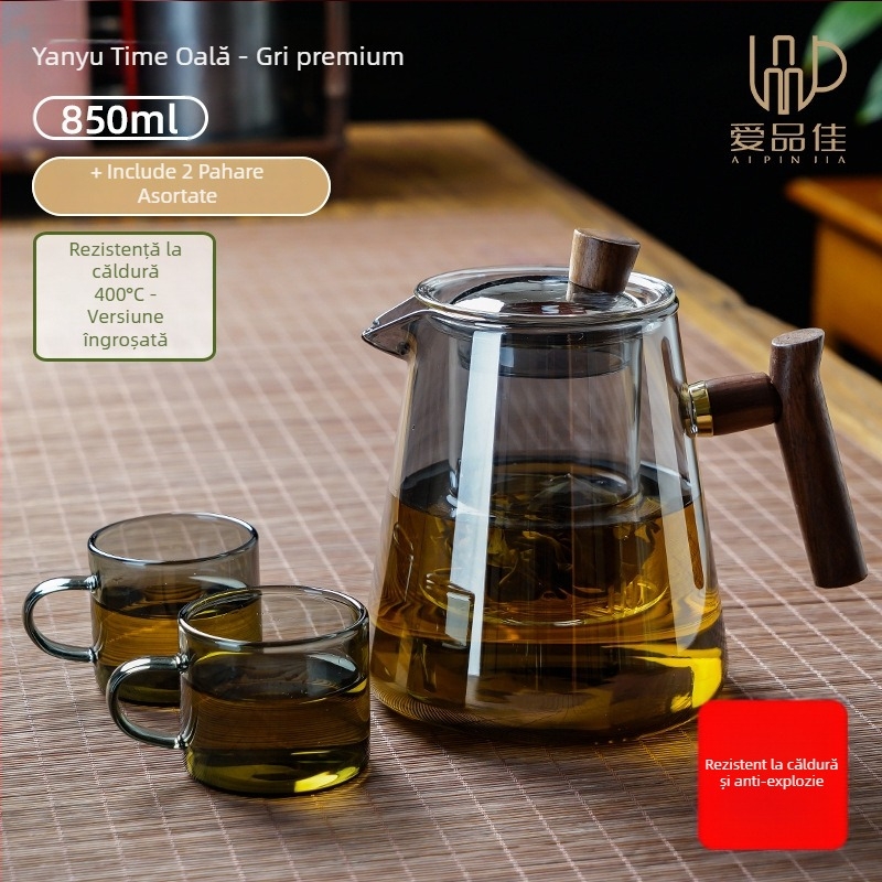 Set ceainic din sticlă borosilicată, rezistent la temperaturi, pentru 3–5 persoane, include accesorii pentru ceremonia ceaiului și tavă pentru servire ceai