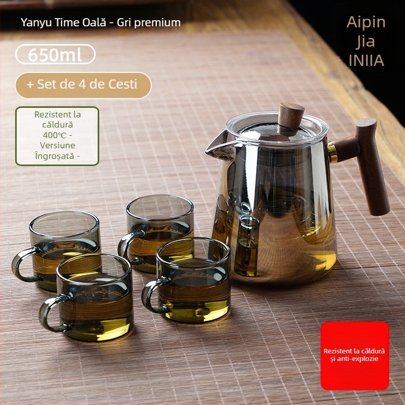Set ceainic din sticlă borosilicată, rezistent la temperaturi, pentru 3–5 persoane, include accesorii pentru ceremonia ceaiului și tavă pentru servire ceai
