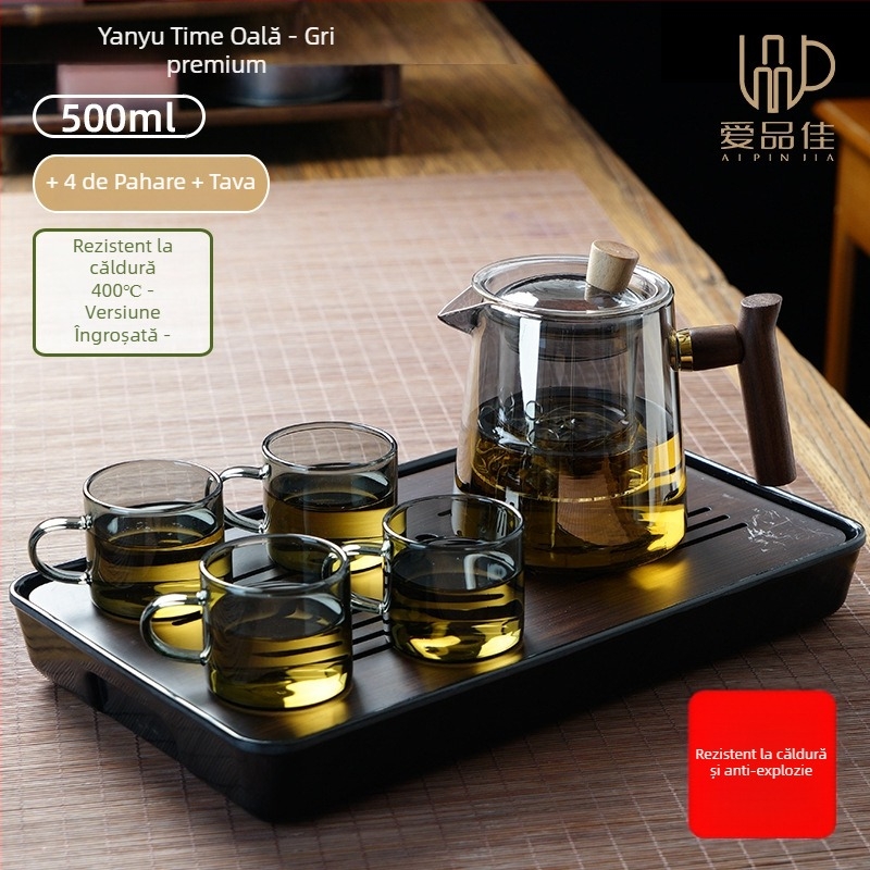 Set ceainic din sticlă borosilicată, rezistent la temperaturi, pentru 3–5 persoane, include accesorii pentru ceremonia ceaiului și tavă pentru servire ceai