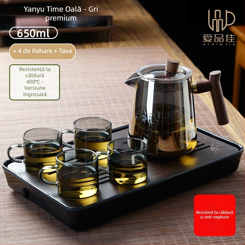 Set ceainic din sticlă borosilicată, rezistent la temperaturi, pentru 3–5 persoane, include accesorii pentru ceremonia ceaiului și tavă pentru servire ceai