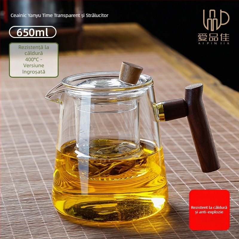 Set ceainic din sticlă borosilicată, rezistent la temperaturi, pentru 3–5 persoane, include accesorii pentru ceremonia ceaiului și tavă pentru servire ceai