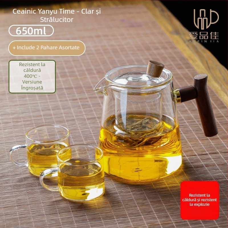 Set ceainic din sticlă borosilicată, rezistent la temperaturi, pentru 3–5 persoane, include accesorii pentru ceremonia ceaiului și tavă pentru servire ceai