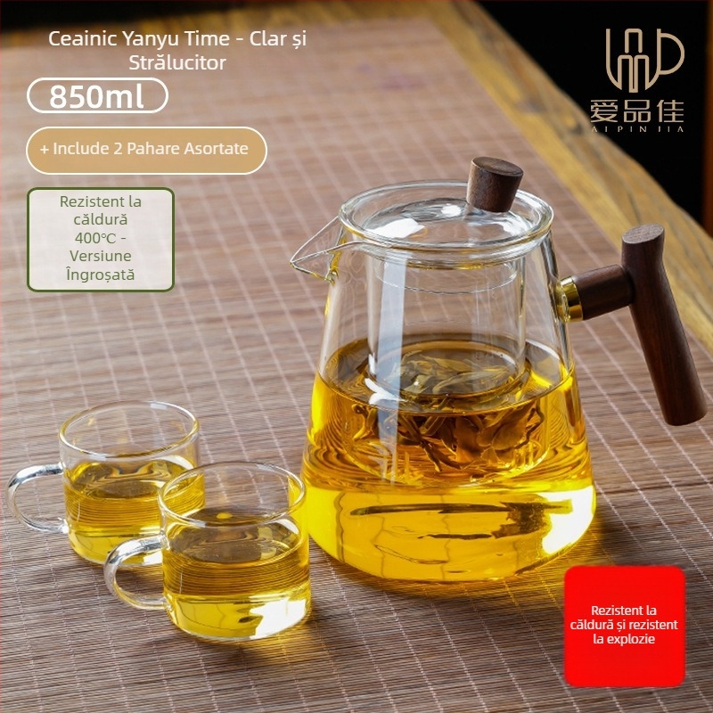 Set ceainic din sticlă borosilicată, rezistent la temperaturi, pentru 3–5 persoane, include accesorii pentru ceremonia ceaiului și tavă pentru servire ceai