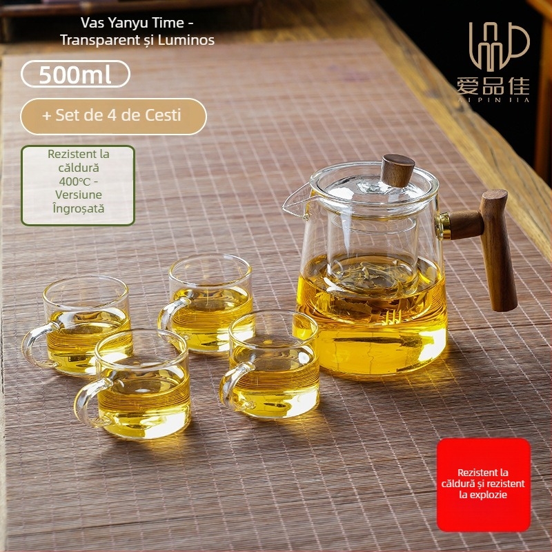 Set ceainic din sticlă borosilicată, rezistent la temperaturi, pentru 3–5 persoane, include accesorii pentru ceremonia ceaiului și tavă pentru servire ceai