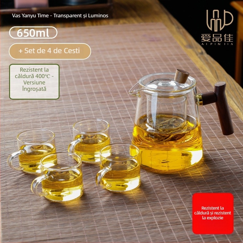 Set ceainic din sticlă borosilicată, rezistent la temperaturi, pentru 3–5 persoane, include accesorii pentru ceremonia ceaiului și tavă pentru servire ceai