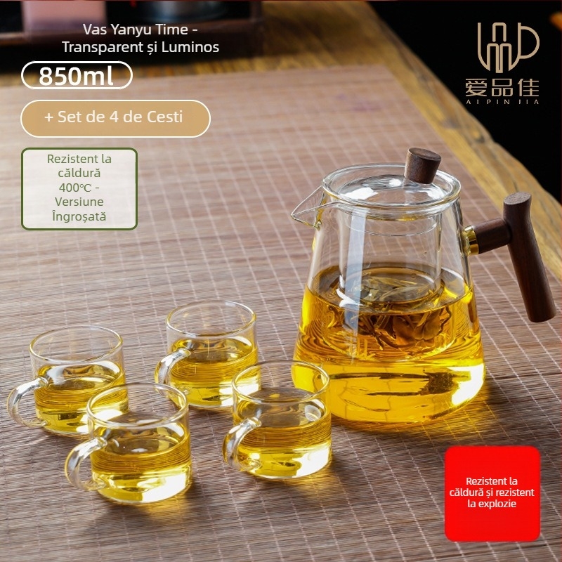 Set ceainic din sticlă borosilicată, rezistent la temperaturi, pentru 3–5 persoane, include accesorii pentru ceremonia ceaiului și tavă pentru servire ceai