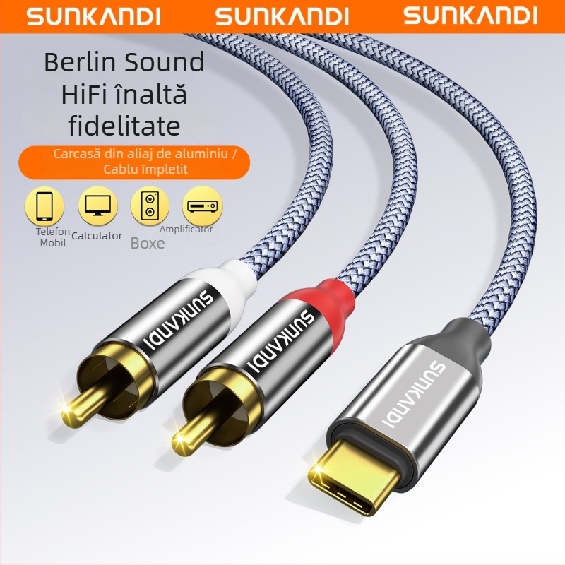 Sunkandi AV163 Cablul audio Type-C la 2RCA, conectori placați cu aur, nucleu din cupru fără oxigen, conductori împletiți, certificat CE/ROHS