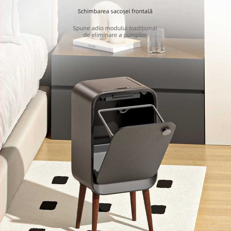 Coș de gunoi inteligent cu senzor, deschidere dublă cu capac și deschidere laterală, pătrat, 18–25 L, finisaj lemn și textură de piele, pentru living, dormitor și bucătărie