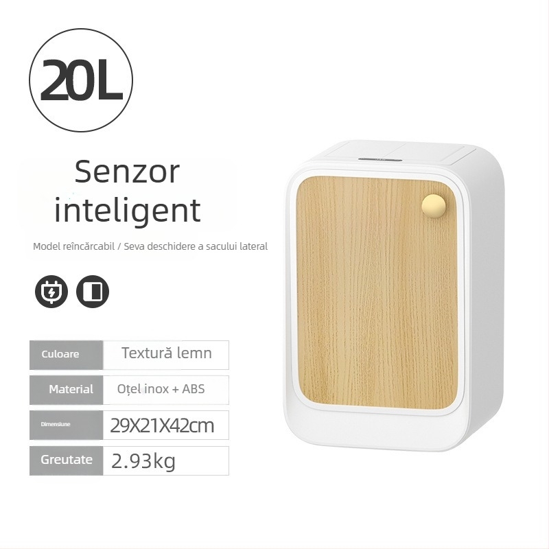 Coș de gunoi inteligent cu senzor, deschidere dublă cu capac și deschidere laterală, pătrat, 18–25 L, finisaj lemn și textură de piele, pentru living, dormitor și bucătărie