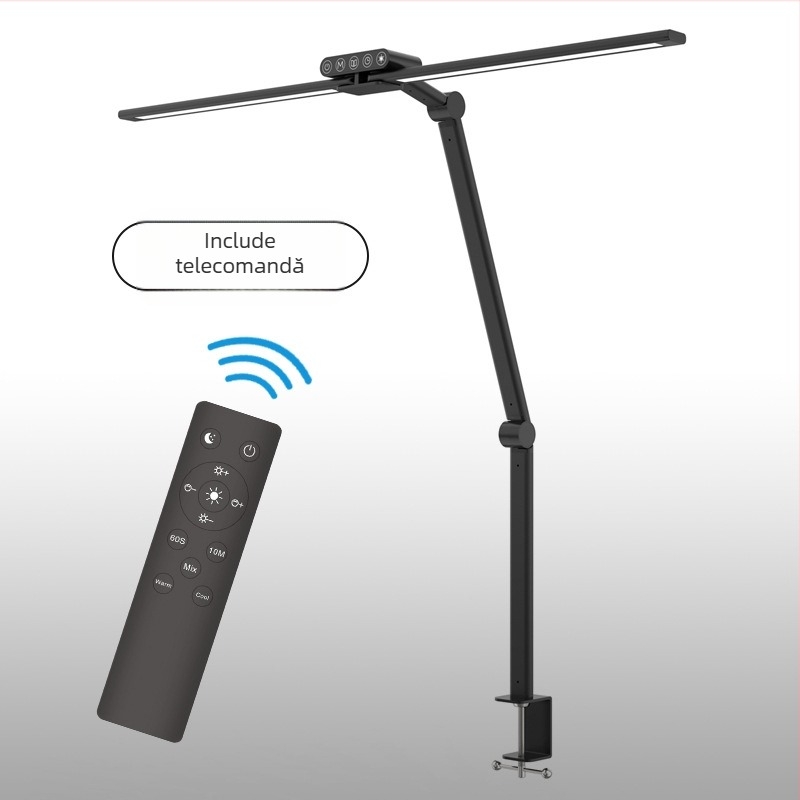 Lampă LED de birou cu braț lung și clemă, braț din aluminiu, întrerupător tactil, CRI ≥90, abajur din plastic, alimentare la priză