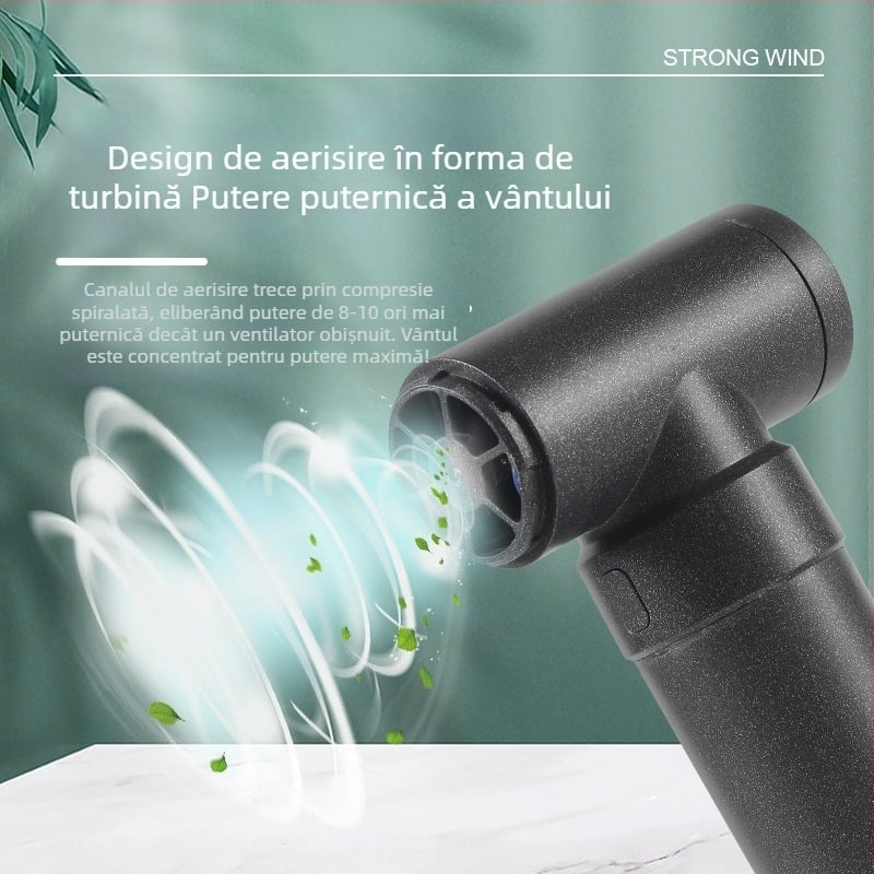 Ventilator manual de înaltă viteză pentru camping, motor brushless, baterie încorporată 1000–1200 mAh, USB, 3 trepte, zgomot 36–45 dB